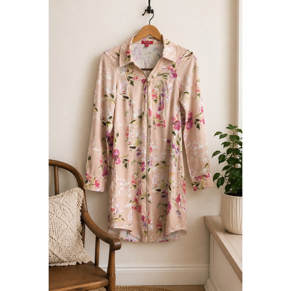 Guess Abelina Challis Pink Floral Mini Dress Tunic Cardigan Y2K Boho M Botanical